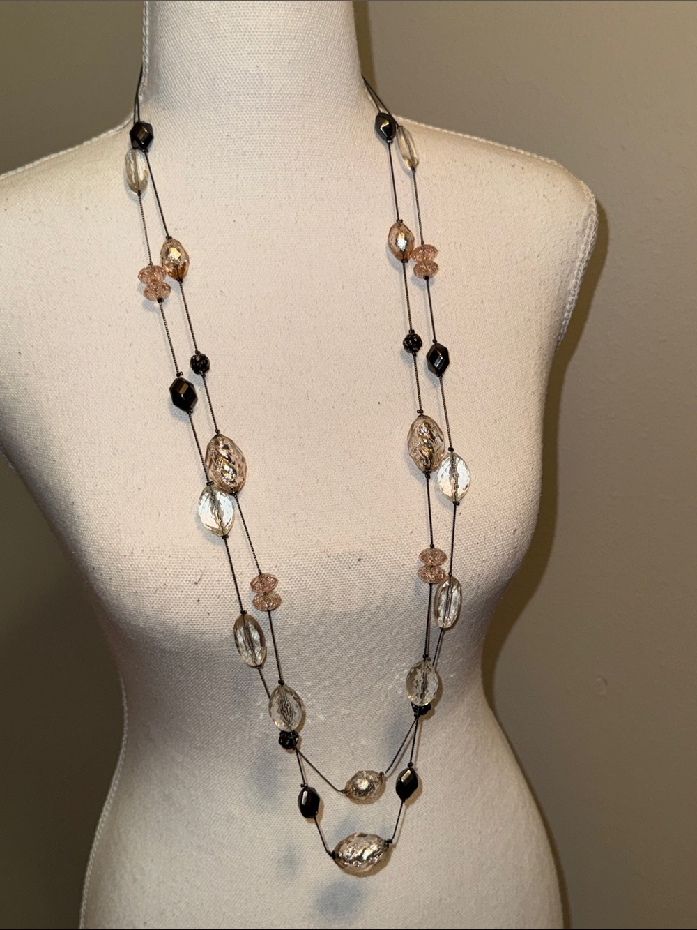 New Long Layered Glass Bead Necklace in Clear, Champagne and Black